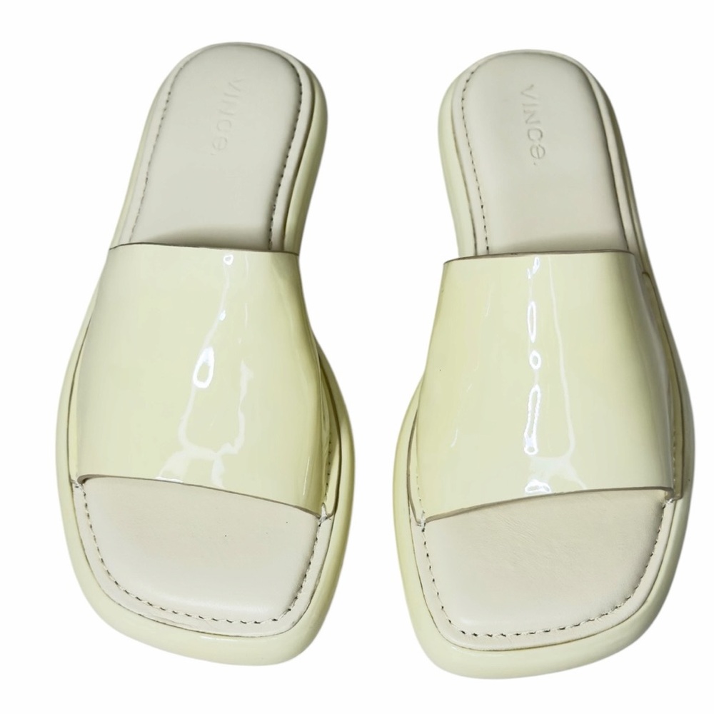 Vince Evie Open Toe Platform Slip On Slide Sandals Shoes Ivory Patent Leather 6